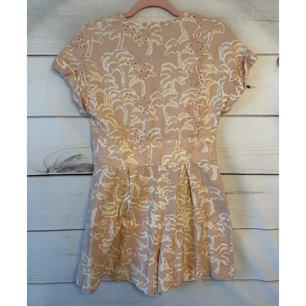 Zara Womens Peach Tropical Palm Eyelet Linen Blend Button Front Romper Small